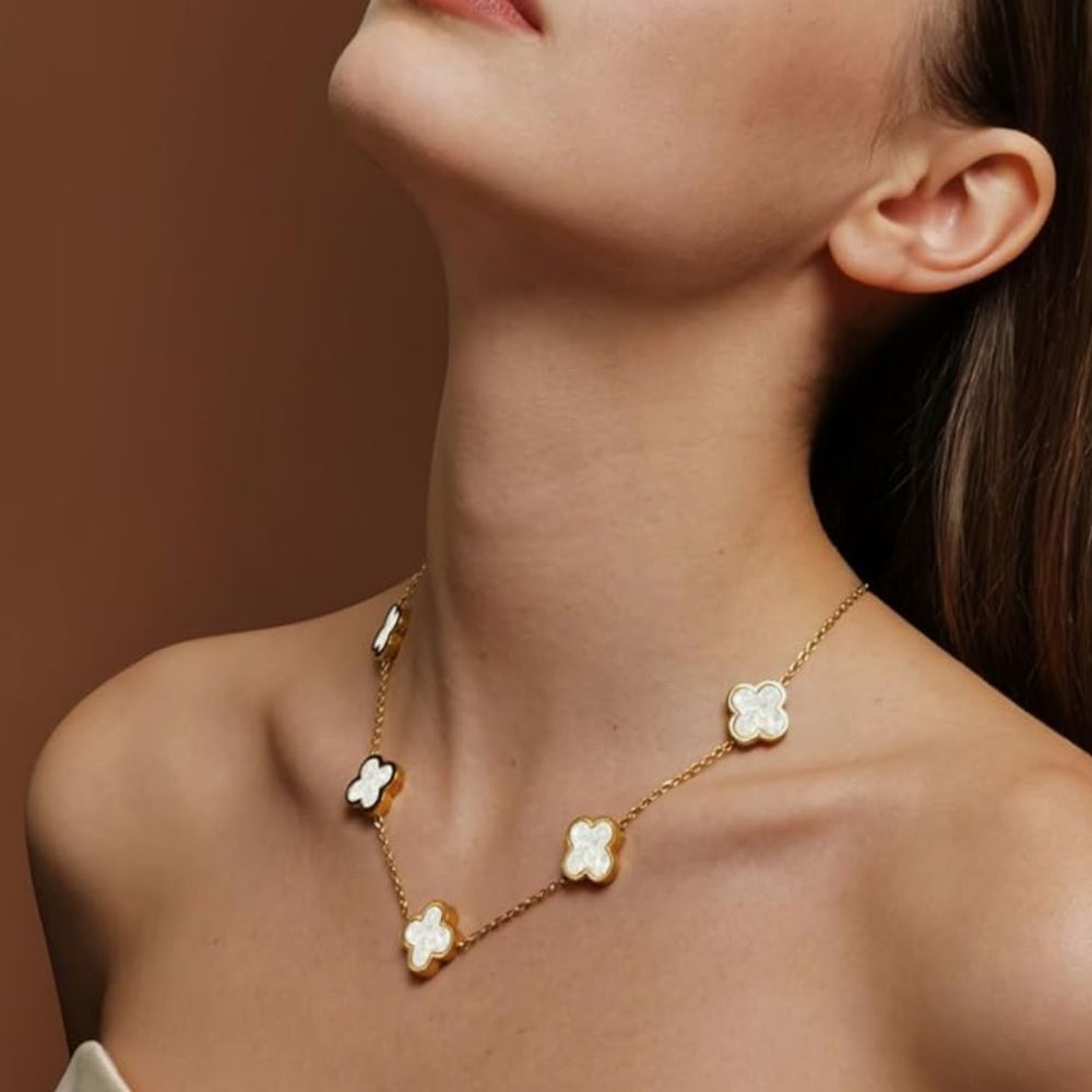 18K Gold Dainty White 5 Clover Charm Necklace Alhambra White Enamel Charms
